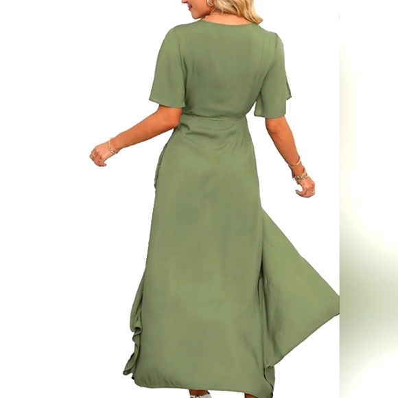 Women Summer V Neck Short Sleeve Split Wrap Maxi Dress Waist Tie Casual - Picture 3 of 5